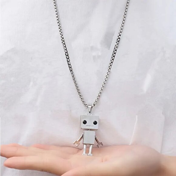 Silver Robot Pendant Necklace Cute Cartoon Toy Figure Geek Gamer Gift Unisex - Picture 5 of 7